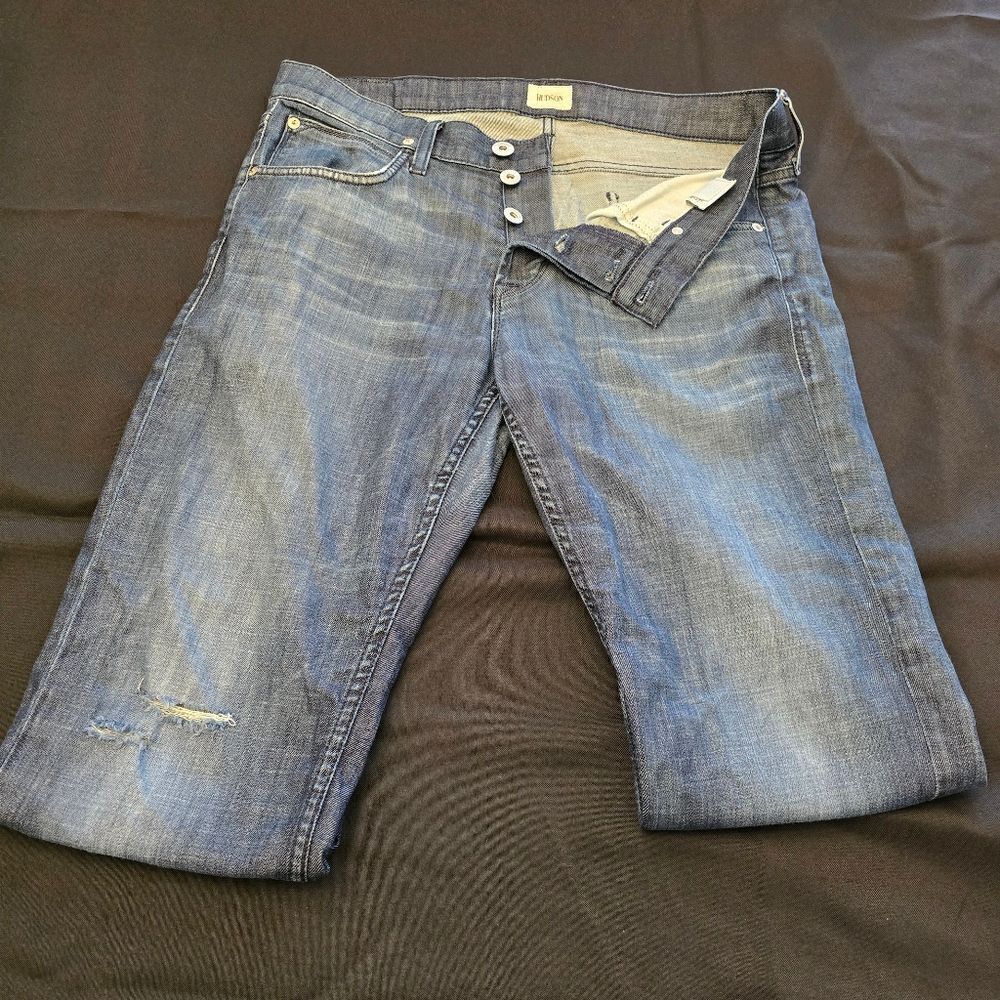 HUDSON "Byron" Dark Wash Button Closure Distressed Jeans